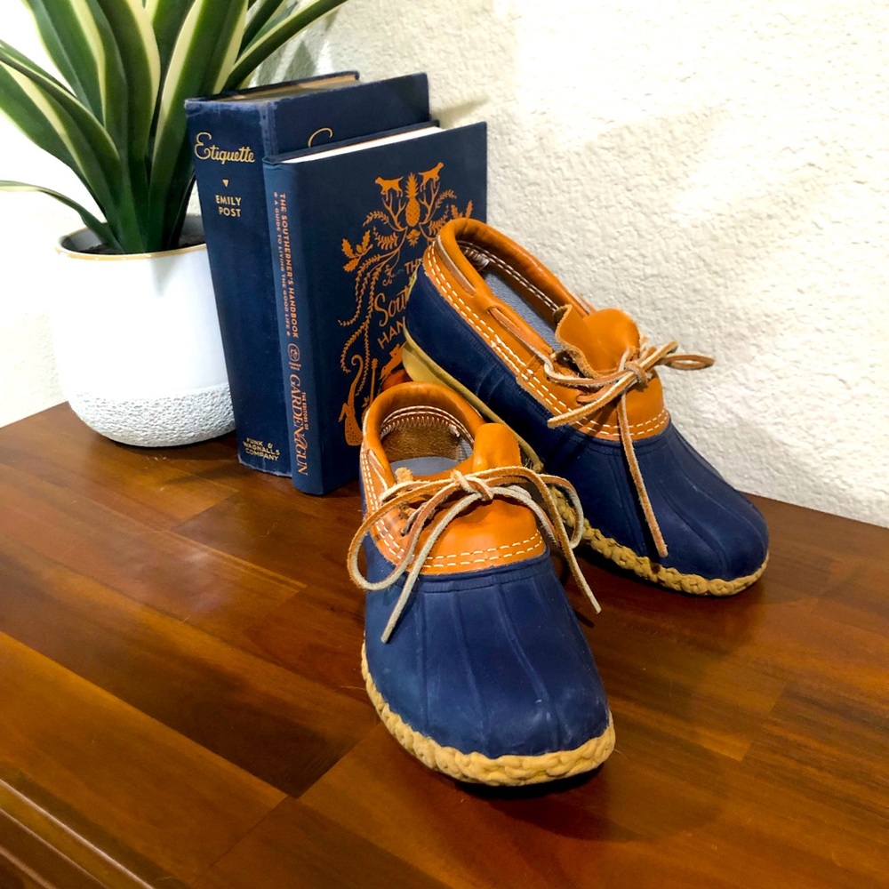 Women's Bean Boots, Rubber Moc | Size 6 M | Navy with Tan | Lightly Worn